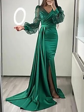 preiswerte Rosa-Meerjungfrau Pailletten Abendkleid Vintage Kleid formell Black Tie bodenlang lange Ärmel V-Ausschnitt Charmeuse mit Knöpfen Perlen Maskerade Kleid