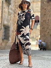 billige Blomstrete kjoler-kvinners tre delt print crew neck maxi lang kjole daglig ferie langermet sommer våren