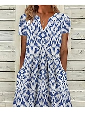 levne Boho šaty-Dámské midi šaty casual šaty shift šaty modré krátký rukáv geometrické kapsy jaro léto V výstřih základní každodenní dovolená letní šaty