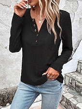 cheap Plain Tops-Women&#039;s Shirt Lace Shirt Blouse Eyelet top Color Block Plain Fashion Long Sleeve Round Neck Regular Tops Work Buttons Black White Purple Brown Beige Spring &amp;  Fall