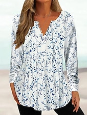 billige Tunika topper-Kvinne Tunika Skjorte Henley Skjorte Bluse Tunika Basic Blomster Knappe Print Lang Erm Regular Tops Rund Hals Casual Ferie Gul Rosa Grønn Grå Lys Blå Vår  Høst