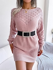 billiga Stickade klänningar-Dam Tröja klänning Stylish Ledigt Mjukt Ensfärgat Ribbad Rund hals Lappverk Långärmad Långa toppar Sticka Dagligen Utekväll Helgen Vit Rodnande Rosa Höst Vinter