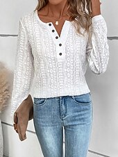 cheap Plain Tops-Women&#039;s Shirt Lace Shirt Blouse Eyelet top Color Block Plain Fashion Long Sleeve Round Neck Regular Tops Work Buttons Black White Purple Brown Beige Spring &amp;  Fall