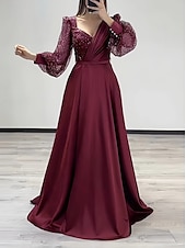 billige champagne-A-linje kveldskjole elegant kjole formell høst sveip/børstet jernbane lang erme V-hals sateng med glitter folder stropp masquerade kjole