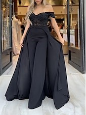 baratos Ternos e Macacões-Jumpsuits Vestido Elegante Formal Comprimento de Chão Manga Curta Ombros Nu Renda com Pregas Apliques 2025