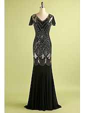 preiswerte 1920er Kleider-Goldene Zwanziger 1920er Bodenlang Kleid Abendkleid Weihnachtsfeier Kleid Kurze Ärmel Der große Gatsby Hochzeitsgast Pailletten V Ausschnitt Kostüm Damen Karneval Maskerade Abschlussball