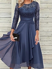 abordables Robe de cocktail-Femme Robe dentelle Robe de bal robe soirée Mousseline de soie Dentelle Patchwork Col Ras du Cou Manches 3/4 Robe mi-longue Formel robe hiver bleu marine Printemps Hiver