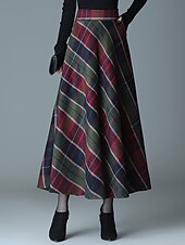 levne sukně-Dámské A Kostkovaná sukně Elegantní Dlouhé délka Midi Sukně Pléd Barevné bloky Kapsy Dlouhé Denní Rande Rubínově červená Vodní modrá Trávová zelená Podzim zima Polyester Keprový satén