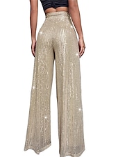 cheap Party women&#039;s Pants-Women&#039;s Wide Leg Pants Trousers Sparkly Pants Elegant Fashion Sparkle Full Length High Waist Plain Sequins Comfy Micro-elastic Party Street Party &amp; Evening claret M beige Pink gold Black Summer Spring