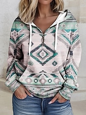 baratos Tops Boho-moletom com capuz feminino com zíper, moletom com capuz, pulôver, tribal, casual, esportivo, com cordão, bolso frontal, zíper de um quarto, moletom étnico ativo, manga comprida, top confortável,