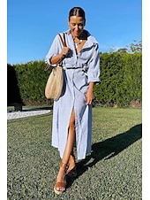 cheap Print Cotton &amp; Linen Dresses-Women&#039;s Black White Light Green Summer Spring Fall Maxi Dress Cotton Linen Dresses Casual Dress Shift Dress Basic Casual Outdoor Winter Dress Vacation Loose Fit Striped Shirt Collar