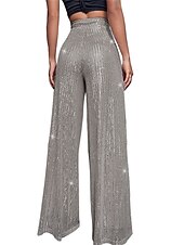 cheap Party women&#039;s Pants-Women&#039;s Wide Leg Pants Trousers Sparkly Pants Elegant Fashion Sparkle Full Length High Waist Plain Sequins Comfy Micro-elastic Party Street Party &amp; Evening claret M beige Pink gold Black Summer Spring