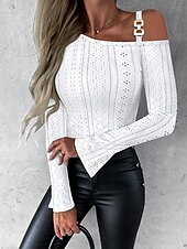 ieftine Topuri sexy de damă-cămașă de damă texturată casual decupată mânecă clopot mânecă lungă topuri obișnuite un umăr negru alb toamnă/toamnă