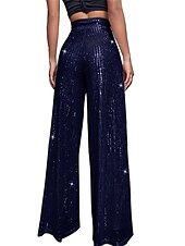 cheap Party women&#039;s Pants-Women&#039;s Wide Leg Pants Trousers Sparkly Pants Elegant Fashion Sparkle Full Length High Waist Plain Sequins Comfy Micro-elastic Party Street Party &amp; Evening claret M beige Pink gold Black Summer Spring