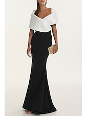 preiswerte SCHWARZ-Mermaid Abendkleid Elegantes Kleid Formaler Fall Sweep  Brush Train Kurzarm Off Shoulder Gürtel  Schärpe Satin mit Falten