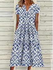 levne Boho šaty-Dámské midi šaty casual šaty shift šaty modré krátký rukáv geometrické kapsy jaro léto V výstřih základní každodenní dovolená letní šaty