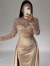 cheap CHAMPAGNE-Mermaid Sequin Evening Gown Ruched Champagne Satin Dress Long Sleeves Masquerade Floor Length Illusion Neck with Pearls Overskirt dress 2025