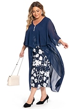 levne Kolekce nadměrných velikostí-dámské plus size křivky pracovní šaty květinové v střih nařasený 3/4 rukáv jarní podzim pracovní elegantní midi šaty formální šaty na dovolenou / vrstvené / potisk
