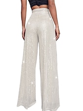 cheap Party women&#039;s Pants-Women&#039;s Wide Leg Pants Trousers Sparkly Pants Elegant Fashion Sparkle Full Length High Waist Plain Sequins Comfy Micro-elastic Party Street Party &amp; Evening claret M beige Pink gold Black Summer Spring