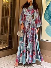 billiga Casual blommiga klänningar-kvinnors vinterklänning slida klänning tie dye ruched volang v-ringad lång klänning maxiklänning daglig semester långärmad höst vinter