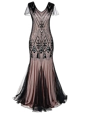 preiswerte 1920er Kleider-Goldene Zwanziger 1920er Bodenlang Kleid Abendkleid Weihnachtsfeier Kleid Kurze Ärmel Der große Gatsby Hochzeitsgast Pailletten V Ausschnitt Kostüm Damen Karneval Maskerade Abschlussball