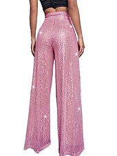 cheap Party women&#039;s Pants-Women&#039;s Wide Leg Pants Trousers Sparkly Pants Elegant Fashion Sparkle Full Length High Waist Plain Sequins Comfy Micro-elastic Party Street Party &amp; Evening claret M beige Pink gold Black Summer Spring