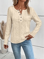 cheap Plain Tops-Women&#039;s Shirt Lace Shirt Blouse Eyelet top Color Block Plain Fashion Long Sleeve Round Neck Regular Tops Work Buttons Black White Purple Brown Beige Spring &amp;  Fall