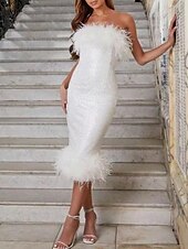 levne Koktejlové šaty-Šaty ve stylu sheath s flitry svatební host party tea délka bez rukávů bez ramínek s peřím maškarní šaty