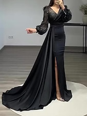 preiswerte Rosa-Meerjungfrau Pailletten Abendkleid Vintage Kleid formell Black Tie bodenlang lange Ärmel V-Ausschnitt Charmeuse mit Knöpfen Perlen Maskerade Kleid