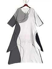 billiga Blommiga klänningar-kvinnors färgblock lång maxiklänning knapp lager vardagsklänning svängklänning tryck klänning mode modern daglig semester helg 3/4 lång ärm klänning med rund hals lös passform silver svart vit