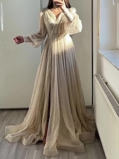 cheap Prom Dresses-A-Line Prom Dresses Elegant Dress Formal Black Tie Floor Length Long Sleeve V Neck Fall Wedding Guest Tulle with Ruched