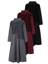abordables Robe Simple-Robe casual Robe d&#039;hiver Robe en coton et lin Femme robe longue Patchwork Fendu Extérieur du quotidien Sortie Actif Mode Col Roulé manche longue 2023 Ample Noir Gris M L XL XXL