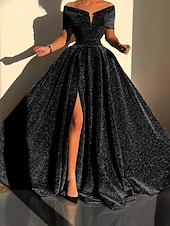 economico GIALLO-Abito da sera A-Line abito scintillante abito formale autunno strascico senza maniche off shoulder paillettes con spacco abito da mascherata 2025