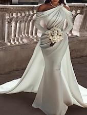 abordables robes de mariée décontractées-Robe de mariée formelle deux pièces à une épaule en satin longueur de sol avec ceinture  ruban perlé 2025