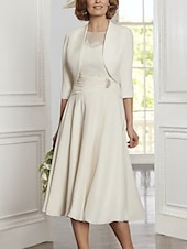 economico Con giacca-Abito madre della sposa due pezzi A-Line elegante festa scollatura a girocollo lunghezza tè in pizzo chiffon elasticizzato maniche 3/4 con pieghe cristalli abito per il giorno delle corse taglia
