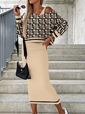 ieftine Rochii set-Pentru femei Set de rochii Rochie casual Set fuste Rochie teacă Modă Șic Stradă Floral Geometric Imprimeu Rochii Midi Manșon Lung În V În aer liber Vacanță Negru Alb Galben Toamnă Iarnă Potrivire
