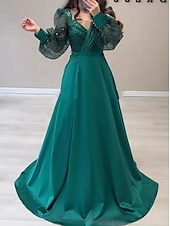 billige champagne-A-linje kveldskjole elegant kjole formell høst sveip/børstet jernbane lang erme V-hals sateng med glitter folder stropp masquerade kjole