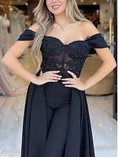 baratos Ternos e Macacões-Jumpsuits Vestido Elegante Formal Comprimento de Chão Manga Curta Ombros Nu Renda com Pregas Apliques 2025