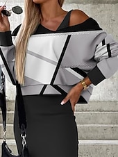 ieftine Rochii set-Pentru femei Set de rochii Rochie casual Set fuste Rochie teacă Modă Șic Stradă Floral Geometric Imprimeu Rochii Midi Manșon Lung În V În aer liber Vacanță Negru Alb Galben Toamnă Iarnă Potrivire