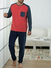 baratos Pijamas-Homens Loungewear Roupa de Dormir Conjunto de Pijama Top e calça de pijama 2 Peças Tecido à moda Casual Conforto Casa Diário Misto de Algodão Conforto Gola Redonda Manga Longa Camiseta Calça Com