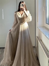 cheap Prom Dresses-A-Line Prom Dresses Elegant Dress Formal Black Tie Floor Length Long Sleeve V Neck Fall Wedding Guest Tulle with Ruched
