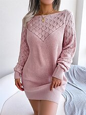 billiga Stickade klänningar-Dam Tröja klänning Stylish Ledigt Mjukt Ensfärgat Ribbad Rund hals Lappverk Långärmad Långa toppar Sticka Dagligen Utekväll Helgen Vit Rodnande Rosa Höst Vinter