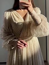 cheap Prom Dresses-A-Line Prom Dresses Elegant Dress Formal Black Tie Floor Length Long Sleeve V Neck Fall Wedding Guest Tulle with Ruched