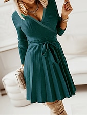 abordables Robes en tricot-Robe Pull Robe en maille Femme Mini robe Extérieur du quotidien Sortie manche longue Surplis nouer devant Tricot Mode Plein Ample 2023 Noir Vert Kaki S M L XL XXL