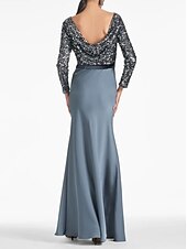 cheap Evening Dresses-Sheath / Column Evening Gown Elegant Dress Formal Fall Ankle Length Long Sleeve Scoop Neck Belt / Sash Satin with Glitter Strappy 2023