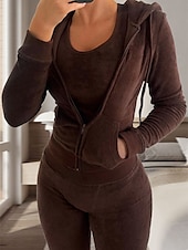cheap Women&#039;s Sleepwear-Women&#039;s Pajamas Sets 3 Pieces Pure Color Warm Fashion Plush Home Daily Bed Flannel Warm Breathable Hoodie Long Sleeve Hoodie Pant Fall Winter Home Outfits