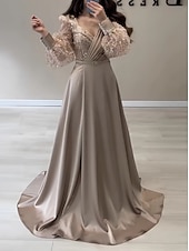 billige champagne-A-linje kveldskjole elegant kjole formell høst sveip/børstet jernbane lang erme V-hals sateng med glitter folder stropp masquerade kjole