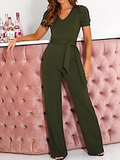 abordables combinaisons de fête-combinaison femme lacets perles couleur unie col v élégant bureau coupe régulière manches courtes noir armée vert rouge s m l automne