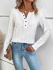 cheap Plain Tops-Women&#039;s Shirt Lace Shirt Blouse Eyelet top Color Block Plain Fashion Long Sleeve Round Neck Regular Tops Work Buttons Black White Purple Brown Beige Spring &amp;  Fall