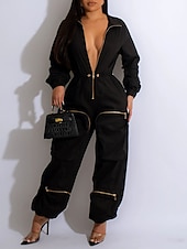 cheap Vacation Jumpsuit-Women&#039;s Normal Jumpsuit Streetwear Solid Color Sleeveless Shirt Collar Zipper Pocket Street Daily Regular Fit Black White Fall
